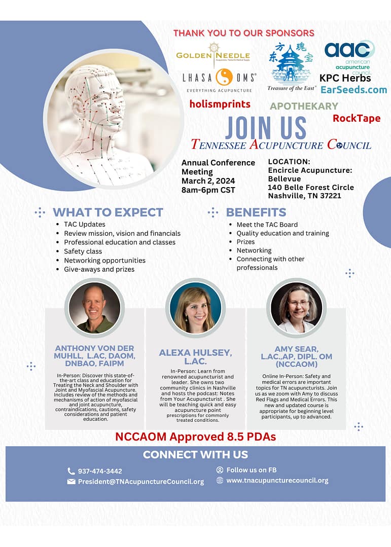 TAC Annual Meeting & InPerson CEU Event Tennessee Acupuncture Council